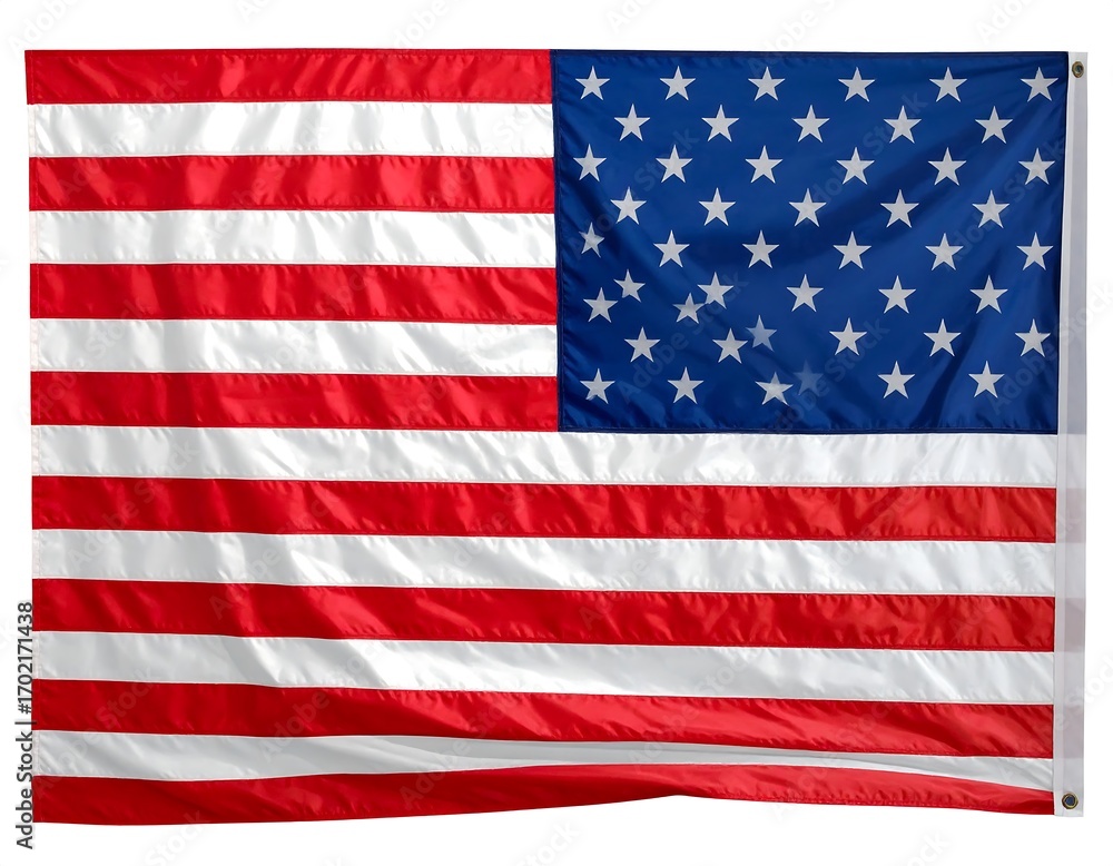 Obraz premium A full shot of the American flag, vibrant in its red, white, and blue hues, displayed against a plain white background.