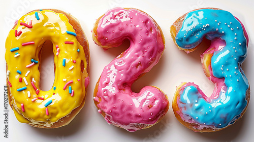 Colorful donuts shaped as the numbers 023.