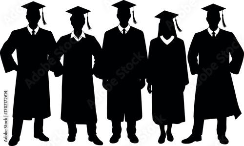 Diverse graduation caps and gowns silhouettes celebrating achievement and future success vector