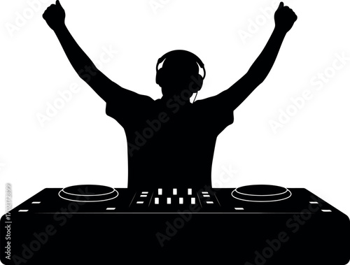 Energetic dj silhouette with hands raised above music console celebrating at a vibrant party event vector