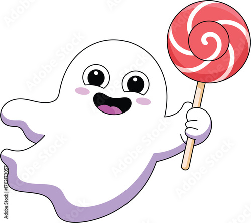 Cute white ghost holding a red and white swirl lollipop