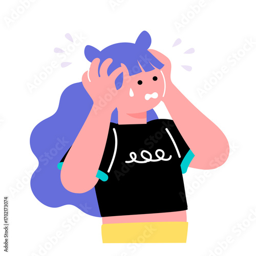 ポップでカラフルな若者が頭を抱えて焦るイラスト