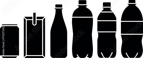 Diverse beverage containers vector silhouette set soda juice water bottles and can carton packaging vector