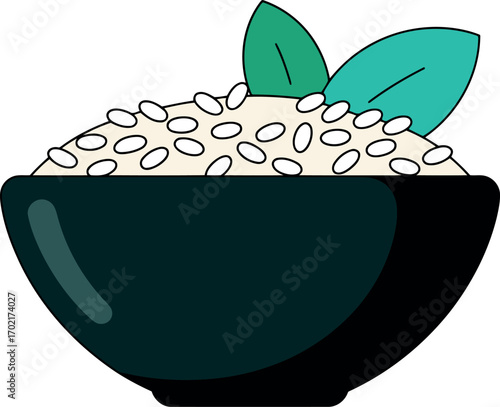 Freshly cooked white rice bowl with green basil leaves top view healthy asian food cuisine vector