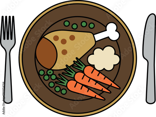 Classic roasted chicken dinner with carrots peas mashed potatoes and gravy on plate with utensils overhead view vector