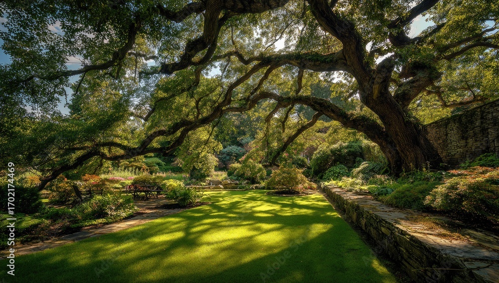 Naklejka premium Majestic Ancient Oak Tree in a Sunlit Lush Garden Landscape.