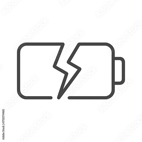 Broken battery icon design with black outline on white background for conceptual graphics