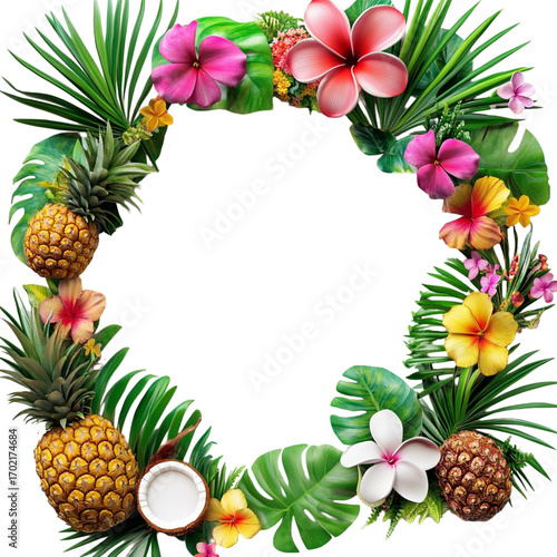 Tropical frame featuring vibrant hibiscus flowers lush palm leaves juicy pineapples and a fresh coconut perfect for summer themes vacation designs and exotic floral arrangements on transparent backgro