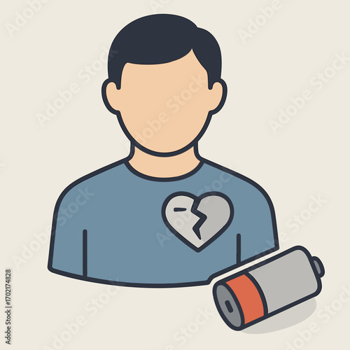 Person with broken heart and empty battery icon symbolizing emotional exhaustion in flat design