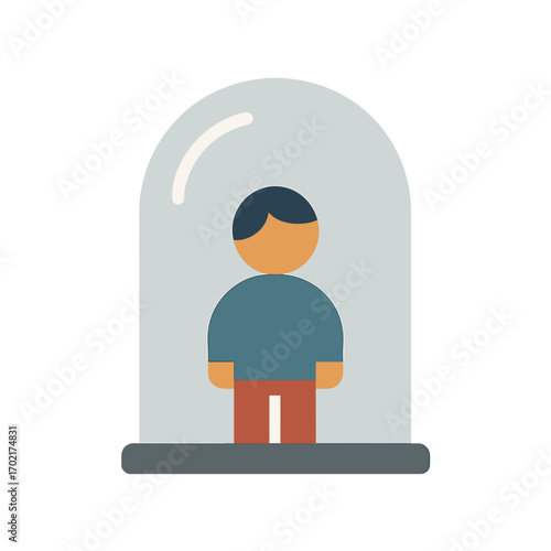 Person inside a glass dome representing isolation and confinement in flat design