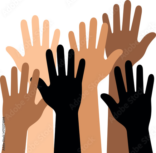Diverse hands raised together unity diversity celebration volunteerism inclusion awareness support vector