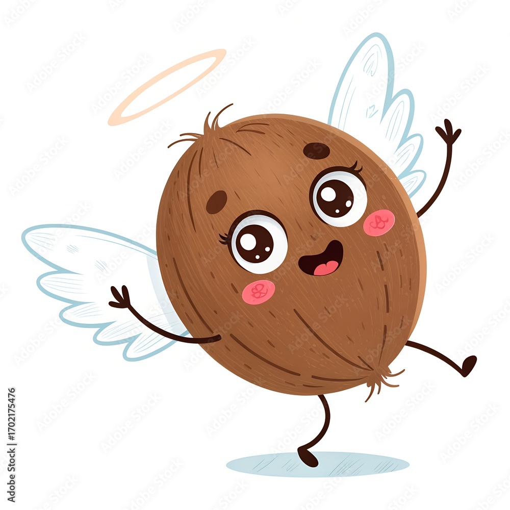 Obraz premium Coconut Angel's Heavenly Dance: A delightful cartoon coconut angel joyfully dances with an angelic glow. With a radiant aura and spread wings, creating a cute and heavenly scene.