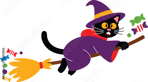 Black cat witch flying on broomstick with candy halloween