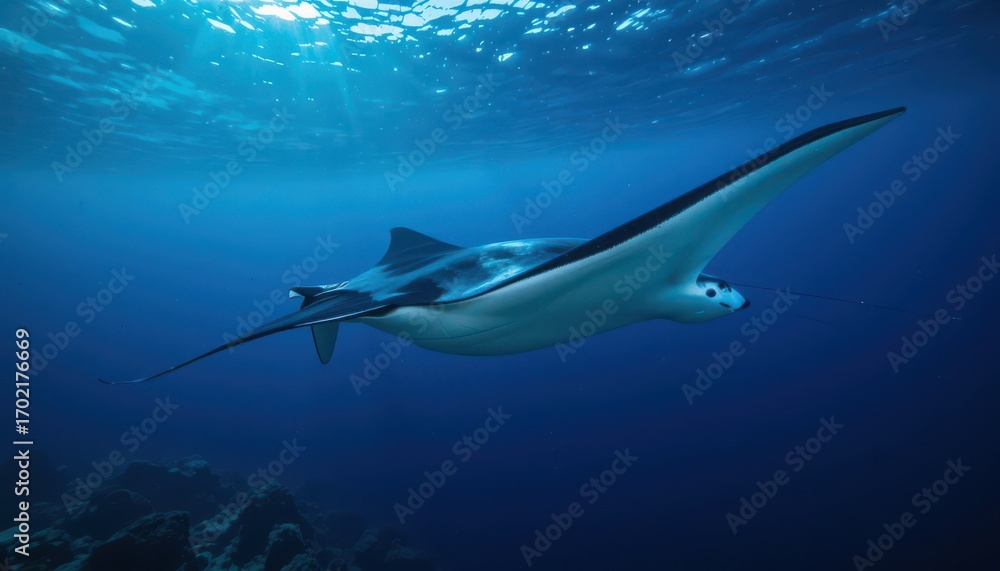 Naklejka premium Ocean's graceful Dancer: A majestic manta ray glides effortlessly through the deep blue sea, its wings spread wide in a silent ballet of the ocean.