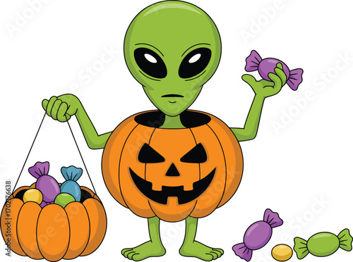 Green alien with pumpkin body holding candy basket