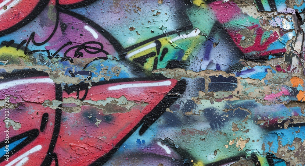 Fototapeta premium Closeup of a weathered wall with peeling paint showing colorful graffiti art and exposed brick