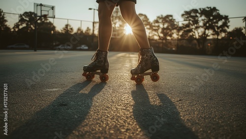 Person on roller skates at sunset casting long shadows on a court