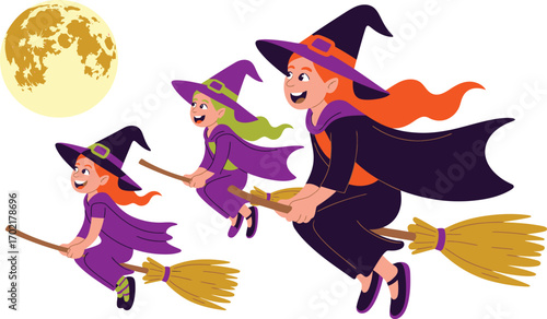 Three witches flying on brooms under a full moon halloween