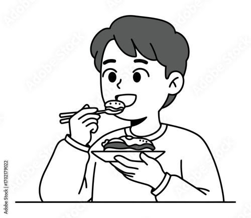 Food Vlogger Tasting Dish - Minimalist Cartoon Vector