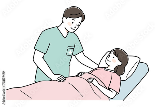 Cartoon Nurse Helping Patient - Minimalist Vector