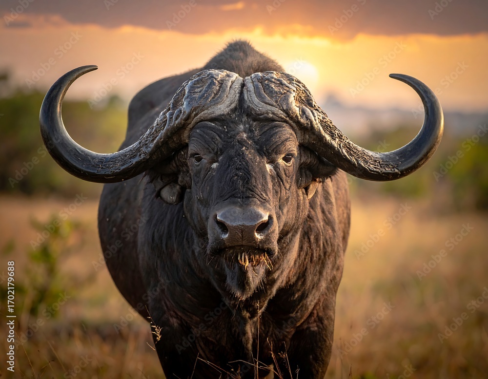 Naklejka premium Buffalo in sunset
