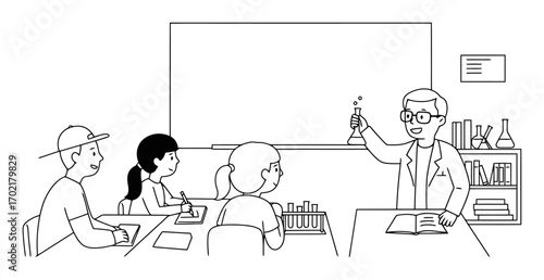 Science Class Cartoon Students - Minimalist Vector