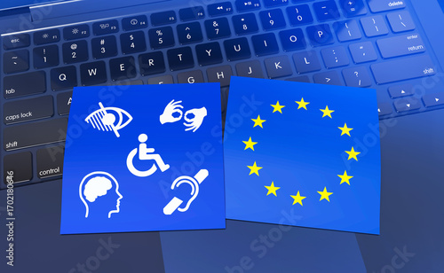 Inclusive Connectivity: A computer keyboard with a blue square featuring accessibility symbols and another featuring the European Union flag.