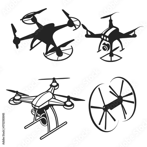 Collection of four distinct drone illustrations in silhouette and outline styles showcasing aerial technology and unmanned vehicles for various applications and design needs
