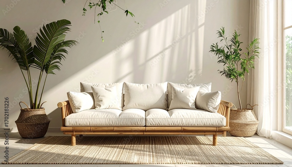 Fototapeta premium Minimalist eco-friendly sofa with organic cotton upholstery and renewable bamboo frame in soft neutral tones. 