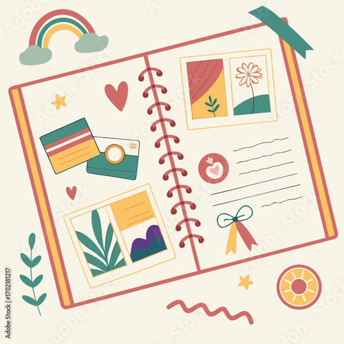 A charming open scrapbook filled with colorful illustrations of photos a camera hearts a rainbow and decorative elements perfect for capturing memories and life s special moments