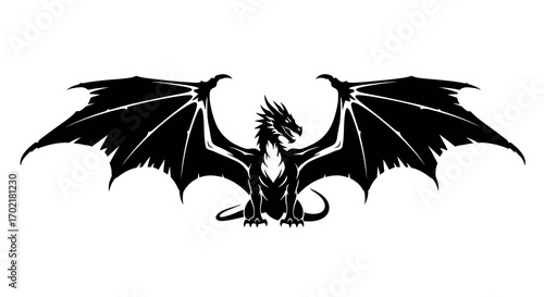 Black dragon silhouette with spread wings isolated on white background