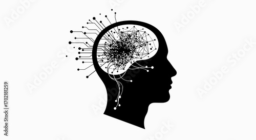 Human head silhouette with abstract neural network connections silhouette isolated on white background