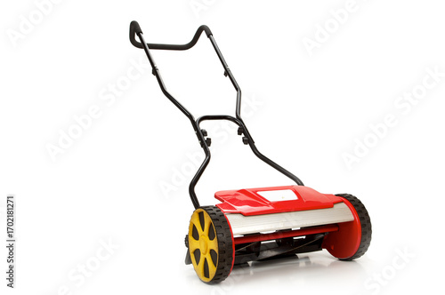 Used lawn mower isolated on a white background