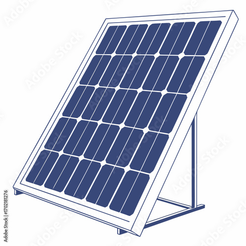 A simple blue and white line drawing illustration of a single solar panel mounted on a stand isolated on a white background representing renewable energy technology and sustainability