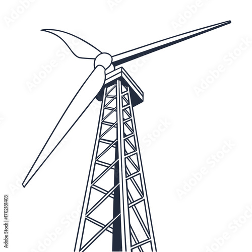 A stylized line art illustration of a modern wind turbine with three blades mounted on a tall lattice tower viewed from a low angle against a white background