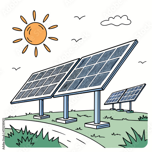 Bright sunny day with solar panels generating clean renewable energy in a grassy field with birds flying and a single cloud in the sky
