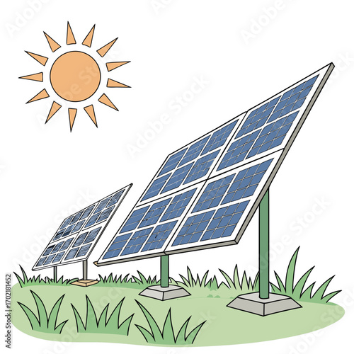 Illustration of two solar panel arrays tilted towards the sun on a grassy field representing renewable energy and sustainability
