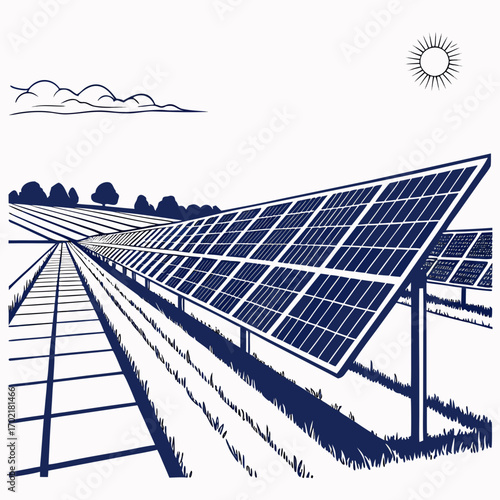 Vast solar panel farm stretching across a rural landscape under a bright sun and cloudy sky representing renewable energy generation and sustainable power solutions