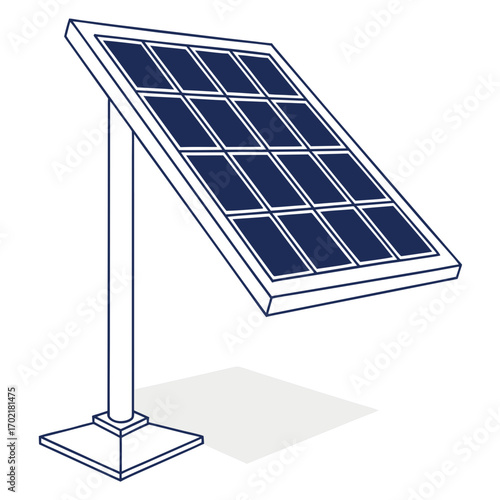 A clean line art illustration of a single solar panel mounted on a pole with a square base casting a subtle shadow on a white background representing renewable energy and sustainability