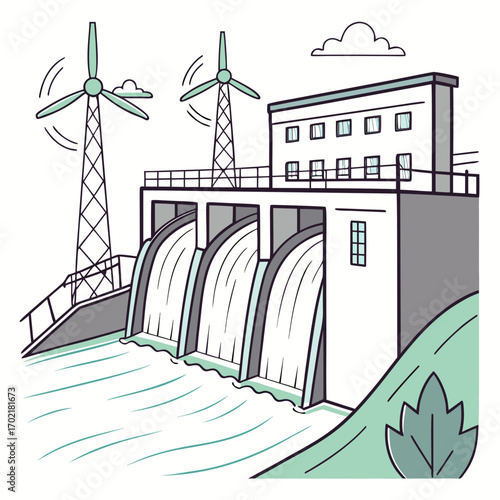 A clean energy illustration showing a hydroelectric dam with water flowing through its spillways and two wind turbines generating electricity on a grassy hill under a cloudy sky