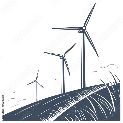 Three modern wind turbines stand tall on a grassy hill under a clear sky with stylized clouds and birds flying in the distance