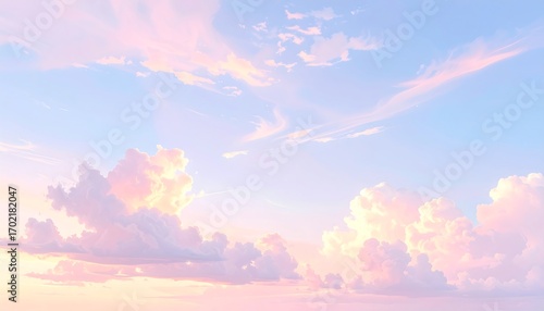 Dreamy pastel sky with fluffy pink and blue clouds at sunrise anime style painting.