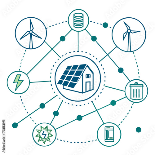 Smart home energy management system diagram showing solar panels on a house connected to wind turbines battery storage and smart appliances for efficient power distribution and conservation