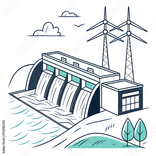 A stylized illustration of a hydroelectric dam with water flowing through its gates adjacent to a power generation building and two wind turbines against a backdrop of clouds and birds