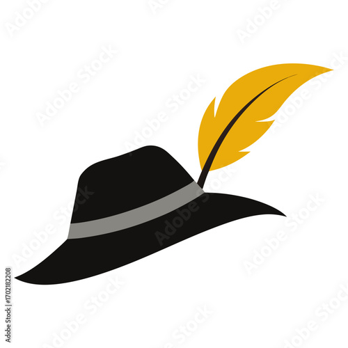 Black hat with yellow feather and grey band