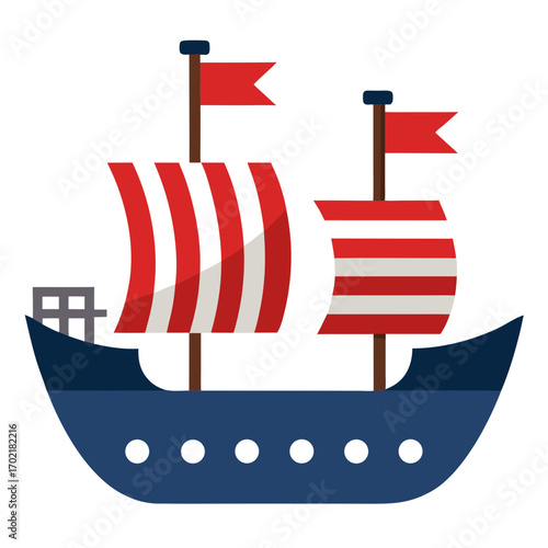 Cartoon viking ship with red and white striped sails and flags
