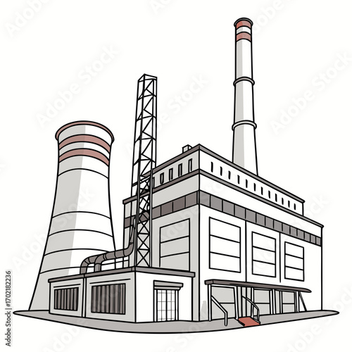 Illustration of a modern industrial power plant with a large cooling tower and tall smokestack representing energy generation and manufacturing
