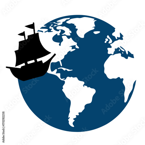 Sailing ship navigates across the blue planet earth