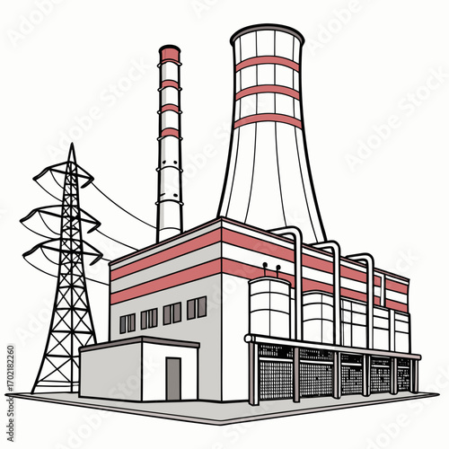 Stylized illustration of a modern power plant with a large cooling tower and smokestack connected to a high voltage electricity pylon and transmission lines against a clean white background