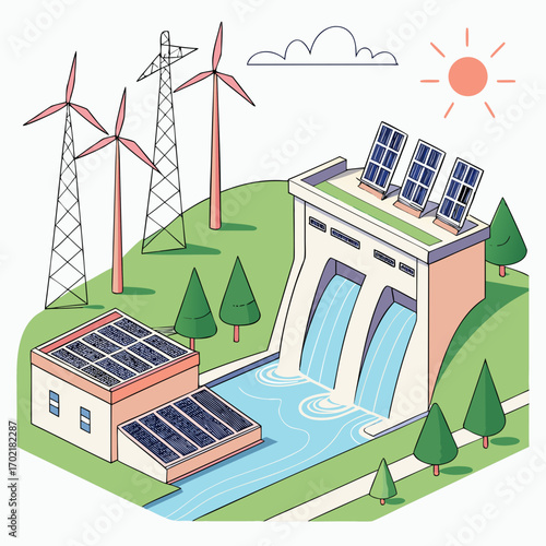 A vibrant isometric illustration showcasing a sustainable energy landscape with a hydroelectric dam wind turbines and solar panels representing renewable power generation